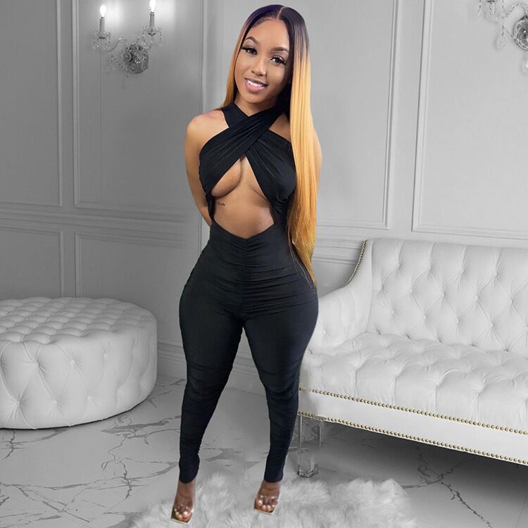 Sexy long sleeve jumpsuit with hot mesh